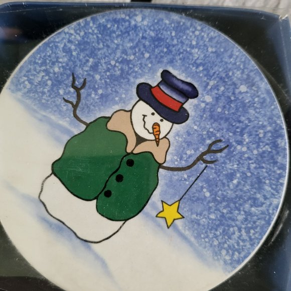St. Nicholas Square BUTTON UP 4.25" Drink Coaster 4P Set  Snowman Blue White NEW - Picture 2 of 4